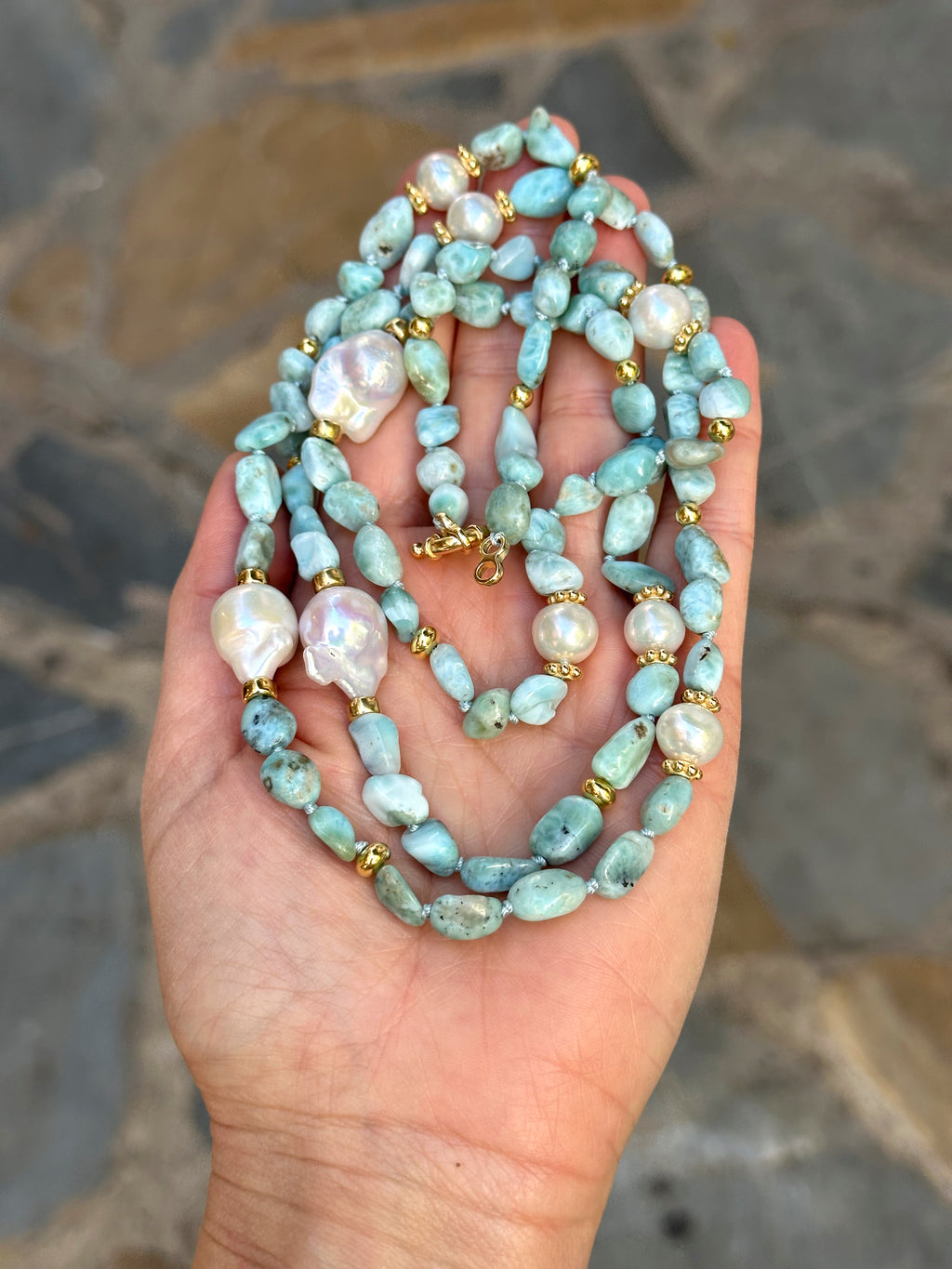 Long Larimar and Baroque Pearl necklace “La Romana”