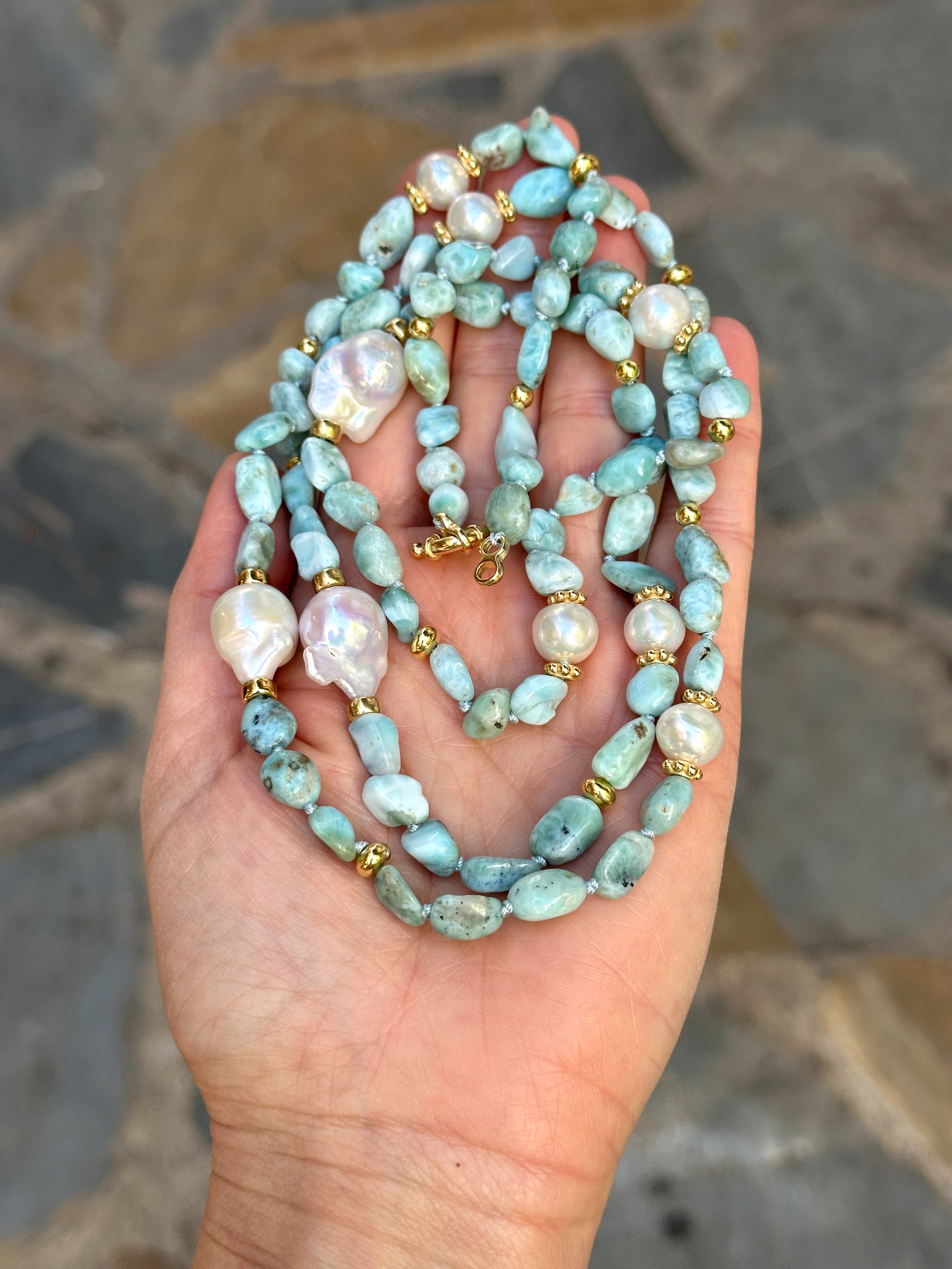 Long Larimar and Baroque Pearl necklace “La Romana”