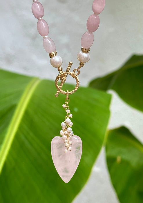 Rose Quartz Lariat Necklace With Heart Pendant