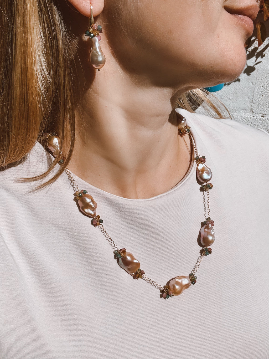 Purple Baroque Pearl & Rainbow Tourmaline Necklace — 14k Gold Filled