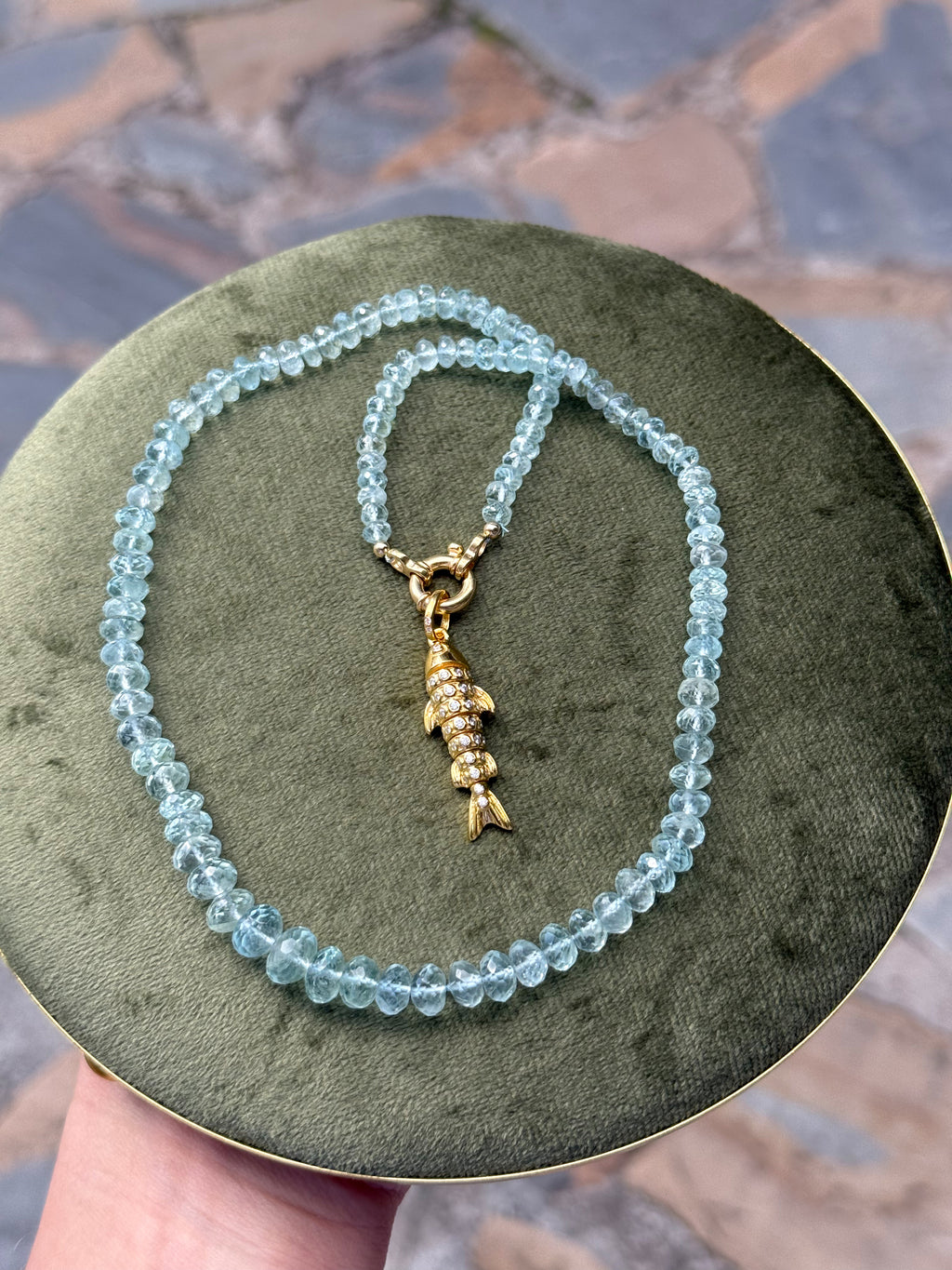 Aquamarine Beaded Necklace with Gold-Plated Silver Fish Charm