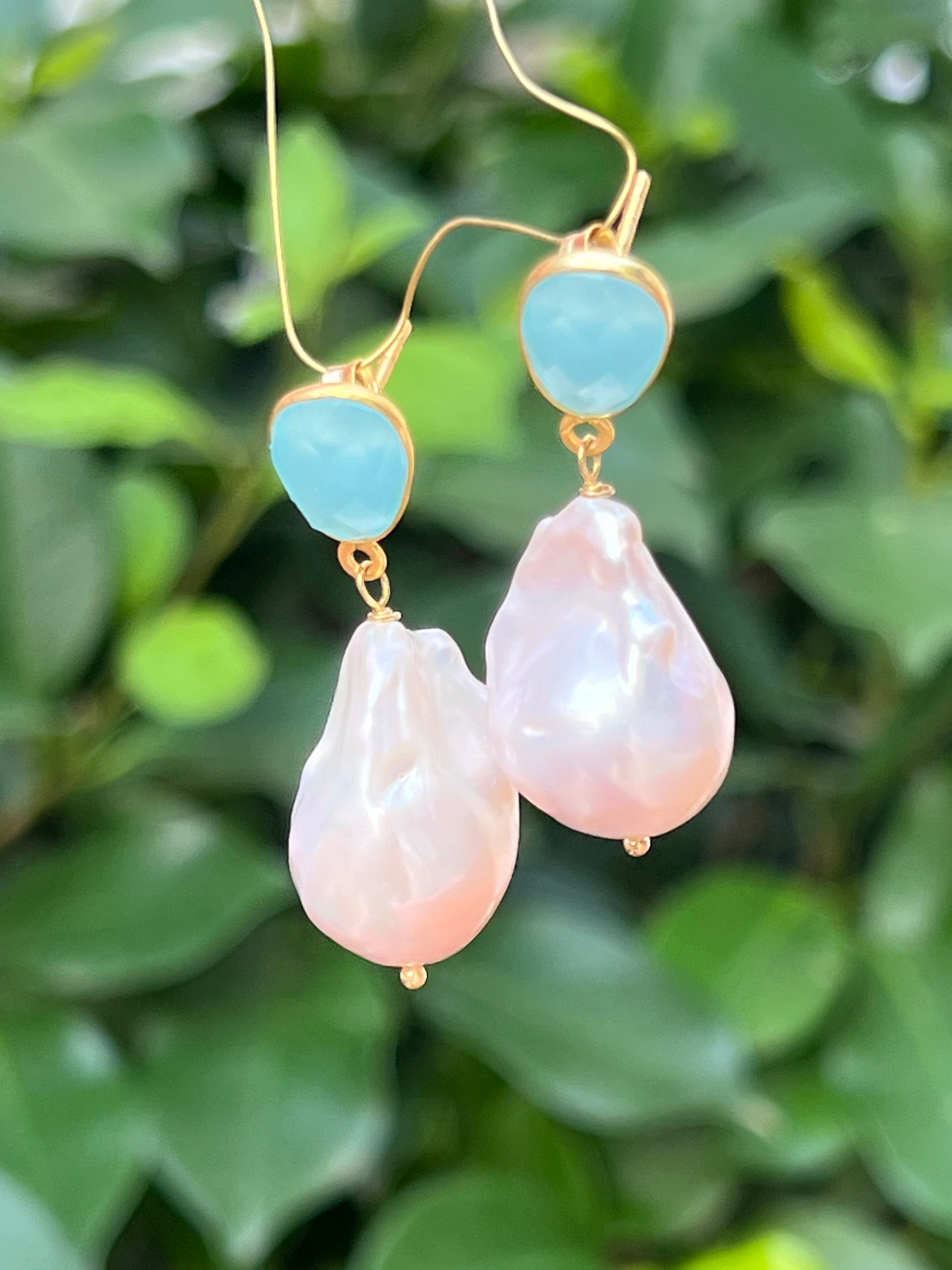 Baroque Pearl And Aqua Chalcedony Earrings