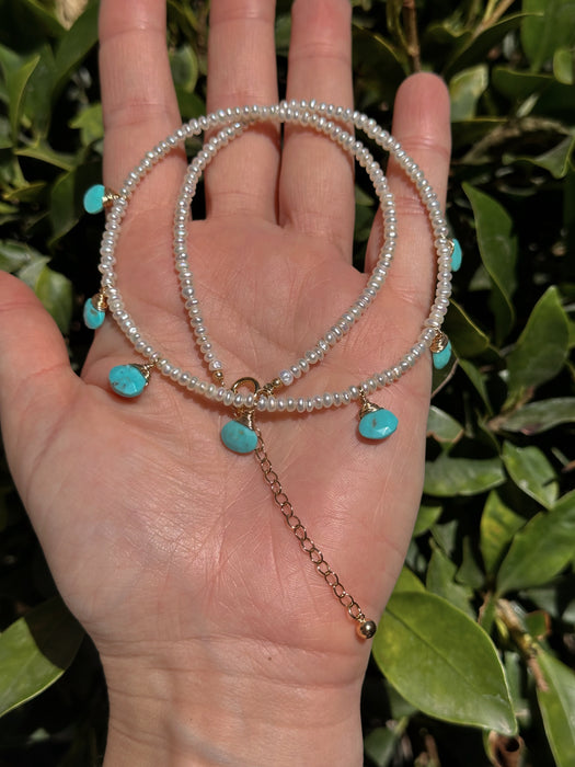 Natural Turquoise and Tiny Pearl Necklace