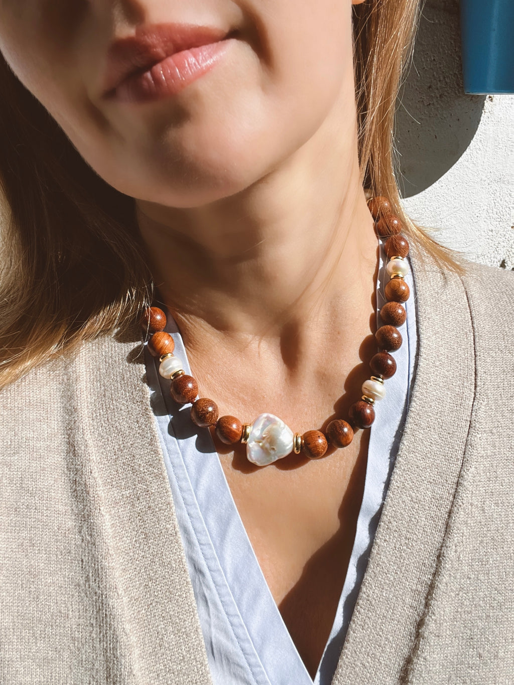 Rosewood And Pearl Statement Necklace