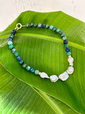 Azurite Malachite And Baroque Pearl Statement necklace, Chrysocola beaded necklace