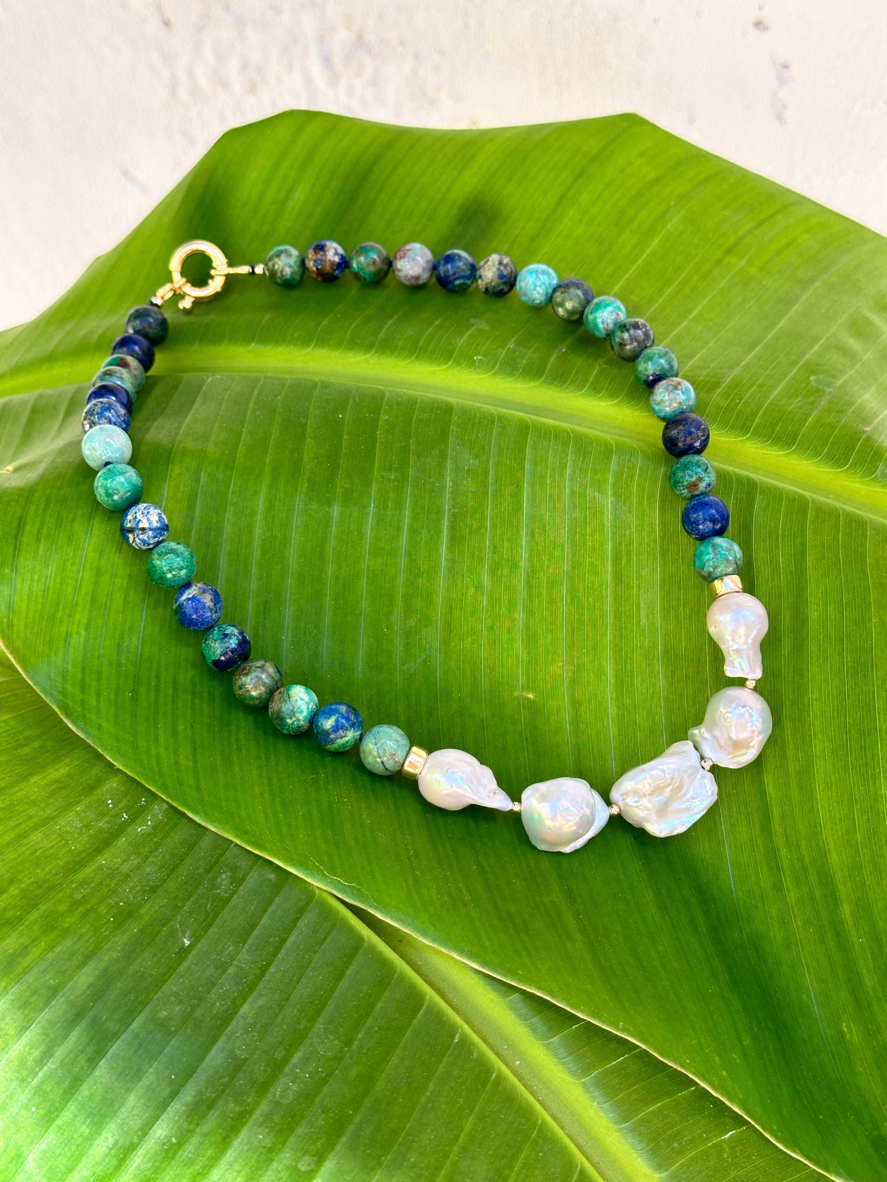 Azurite Malachite And Baroque Pearl Statement necklace, Chrysocola beaded necklace