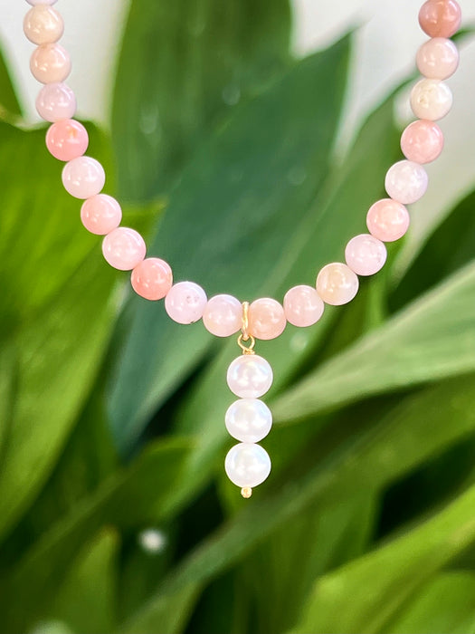 Pink Opal Beaded Necklace With Pearl Pendant