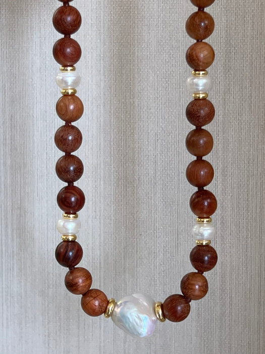 Rosewood And Pearl Statement Necklace