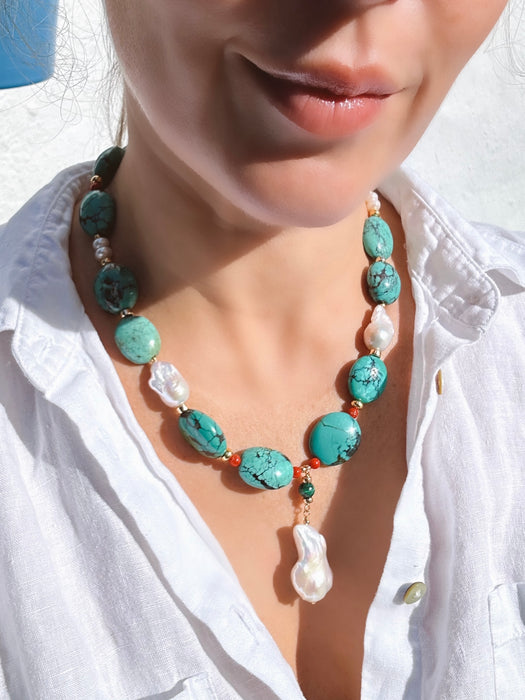 Chunky Natural Turquoise, Coral And Pearls Necklace