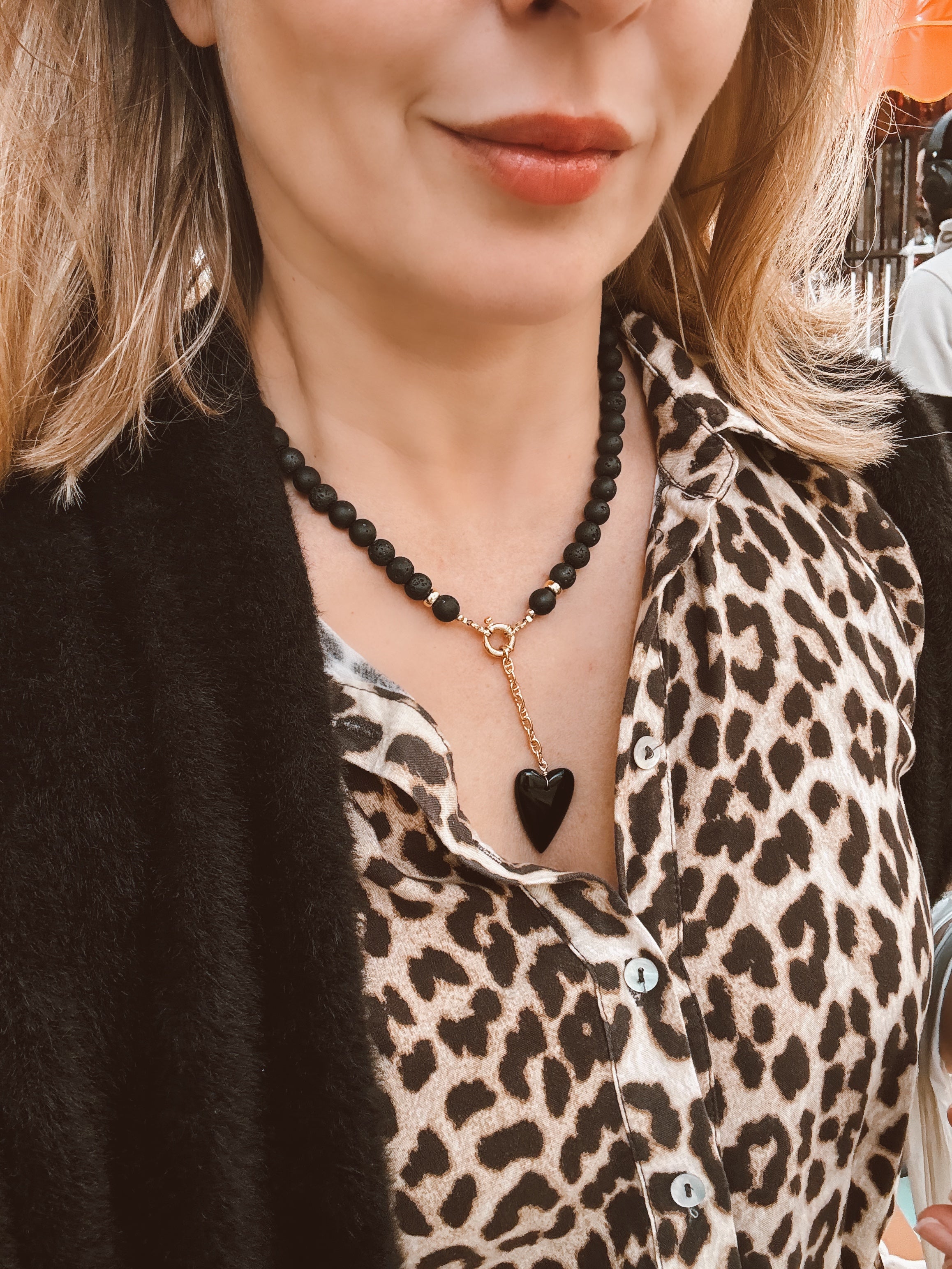 Lava Stone Heart Necklace with Black Onyx Pendant — Gold Vermeil