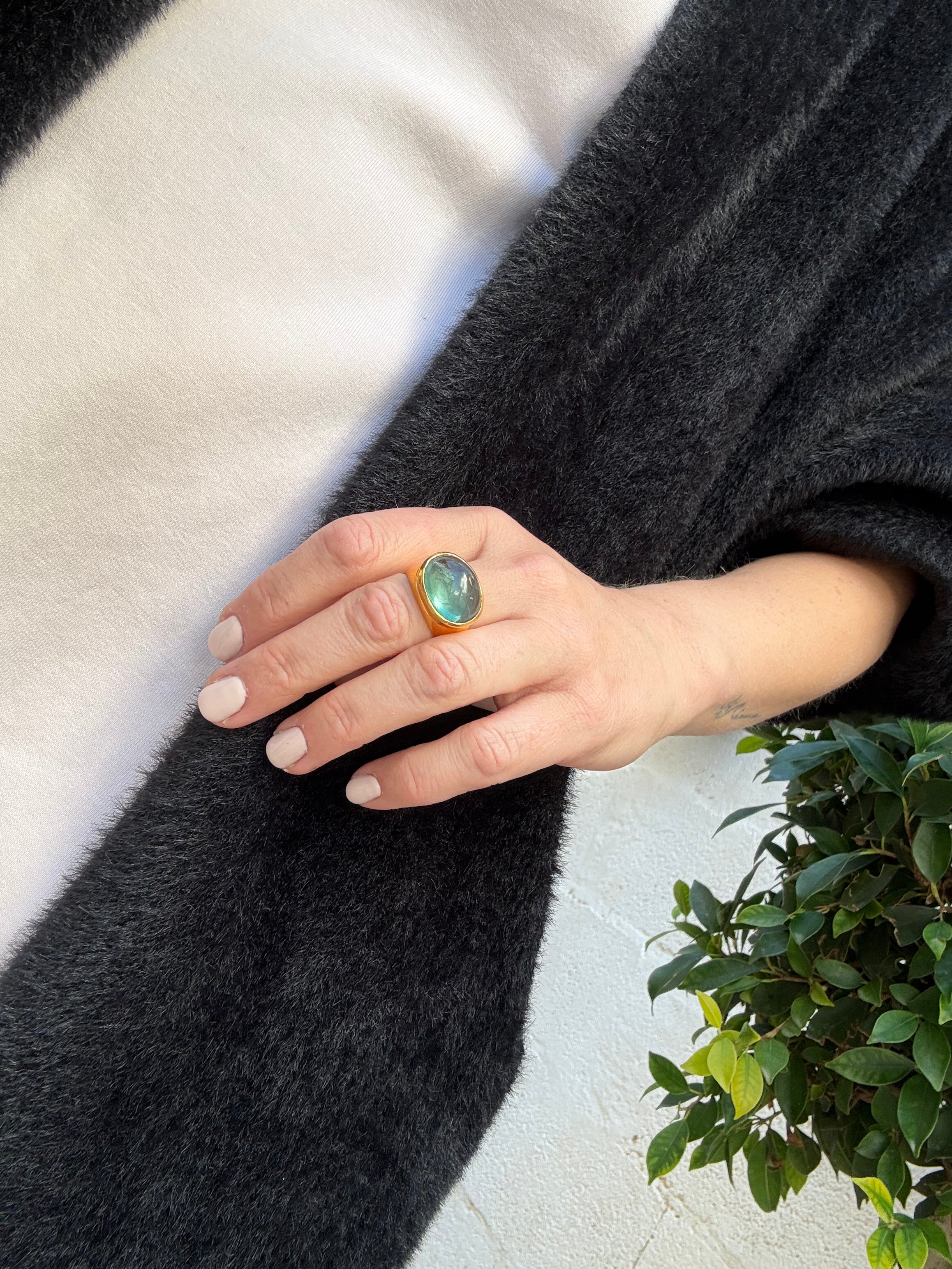 Teal Fluorite Cabochon Ring — Gold-Plated Sterling Silver