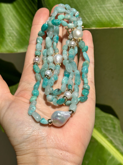 Long Amazonite And Pearl Beaded Necklace