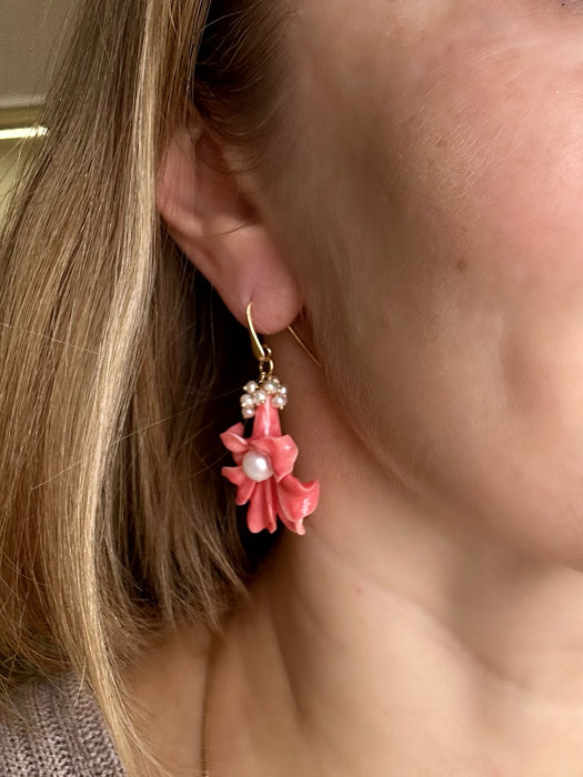 Carved shell flower and pearl earrings