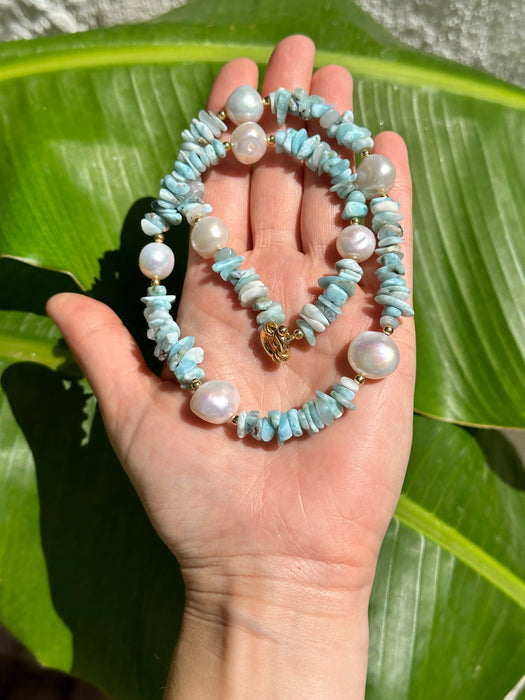 Larimar chips and Baroque pearls necklace