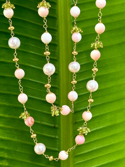 Queen Conch Shell, Pearl and Peridot Long necklace