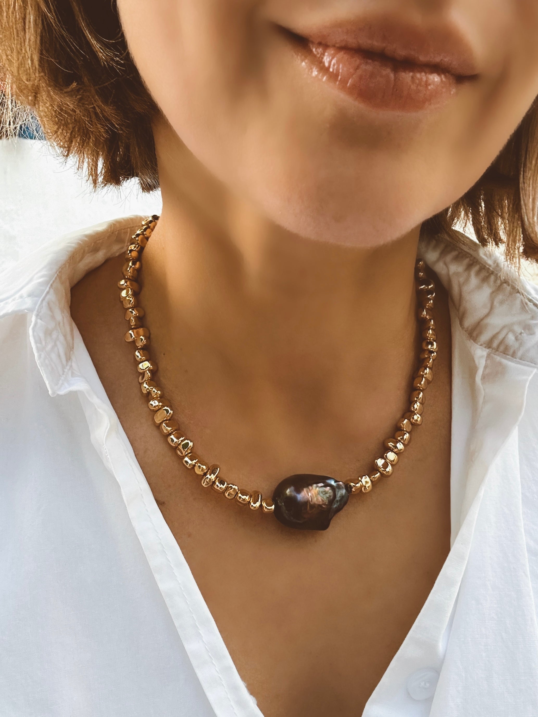 Hematite And Black Baroque Pearl Necklace