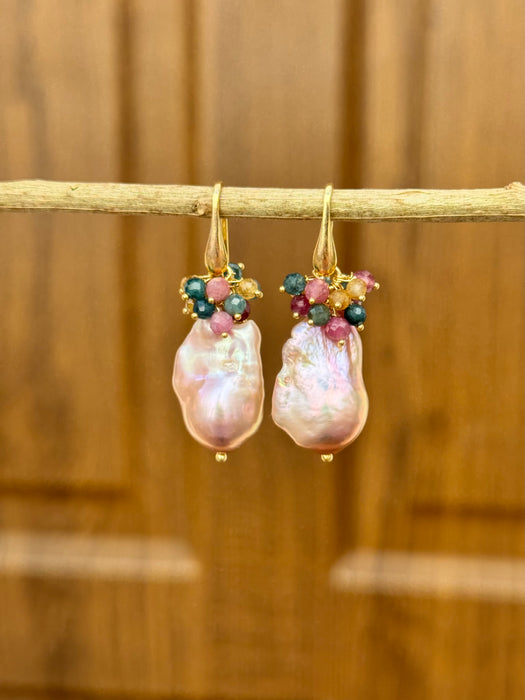 Purple Baroque Pearl Drop Earrings With Tourmalines