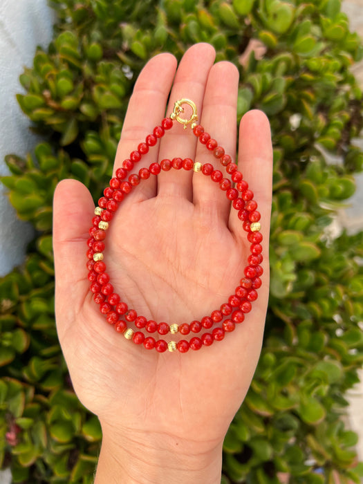 Red Mediterranean Coral Necklace in Solid 18k Gold