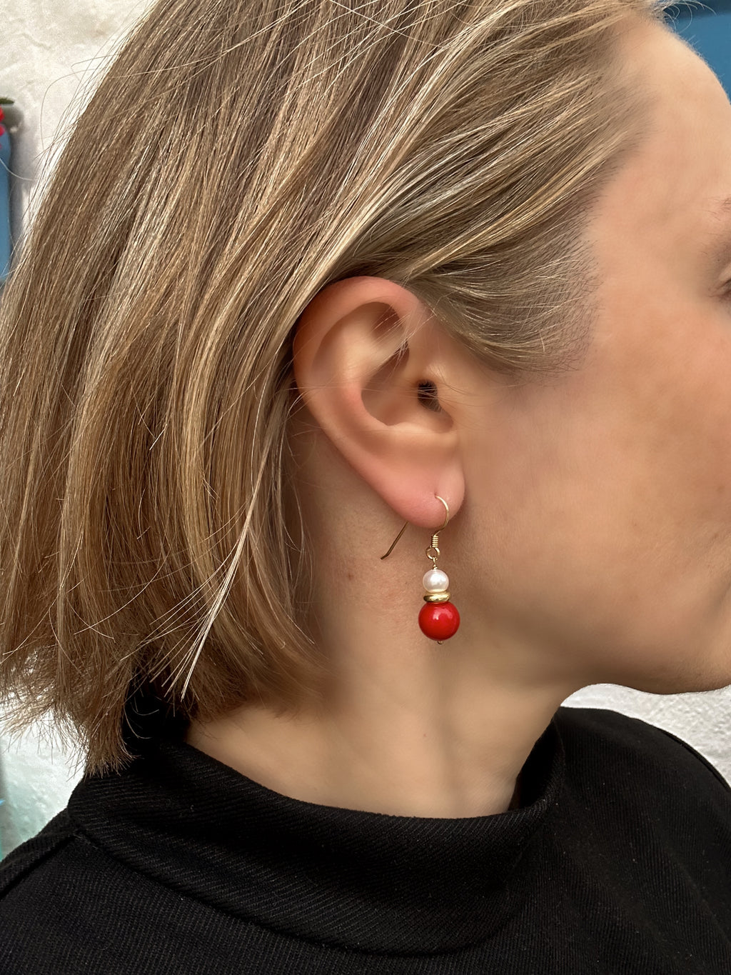 Red Coral And Pearl Drop Earrings