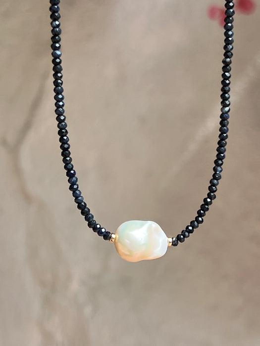 Blue Sapphire And Baroque Pearl Necklace, September Birthstone Necklace
