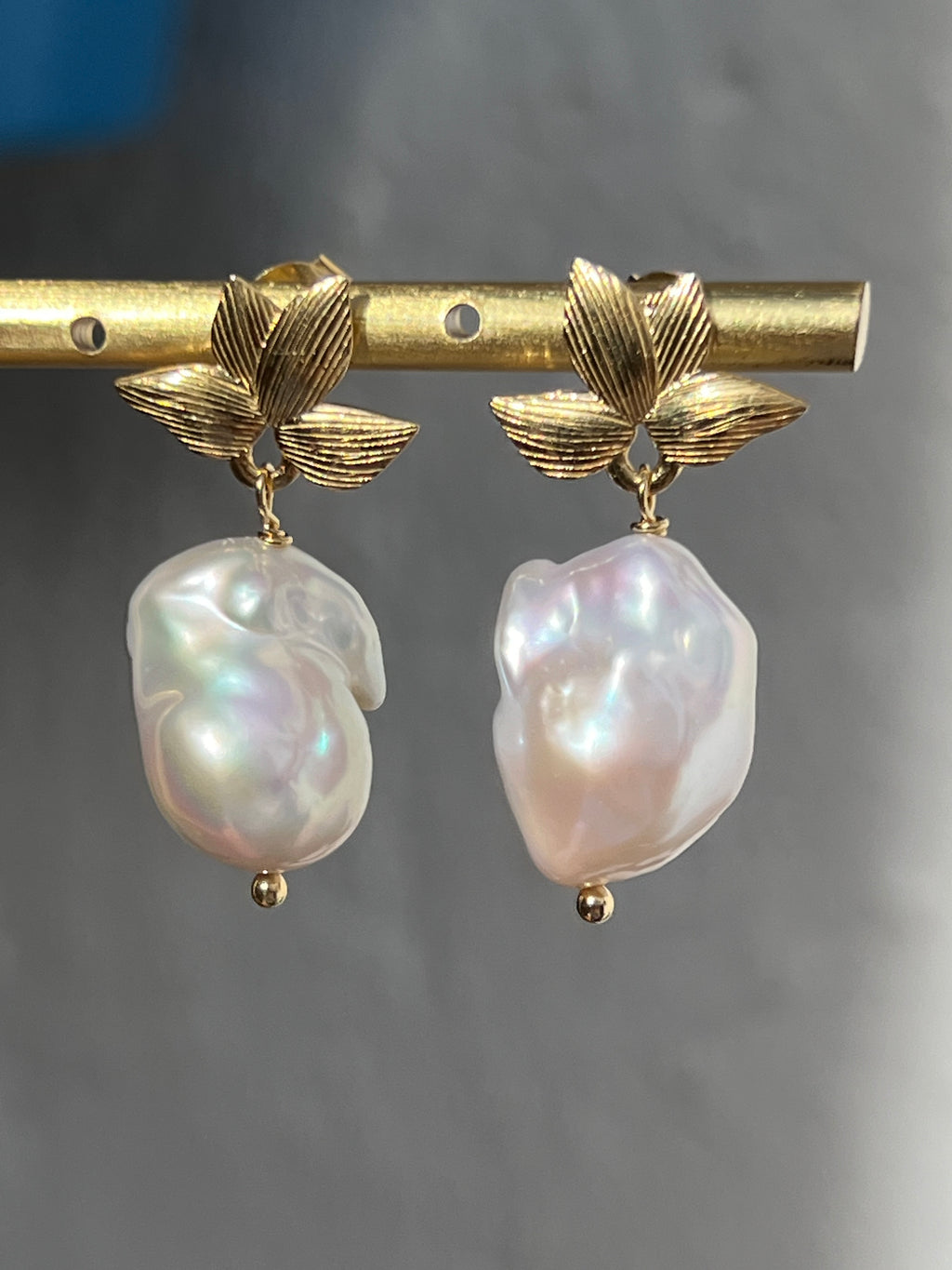 Baroque Pearl Drop Earrings On Golden Leaves Studs