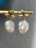 Baroque Pearl Drop Earrings On Golden Leaves Studs