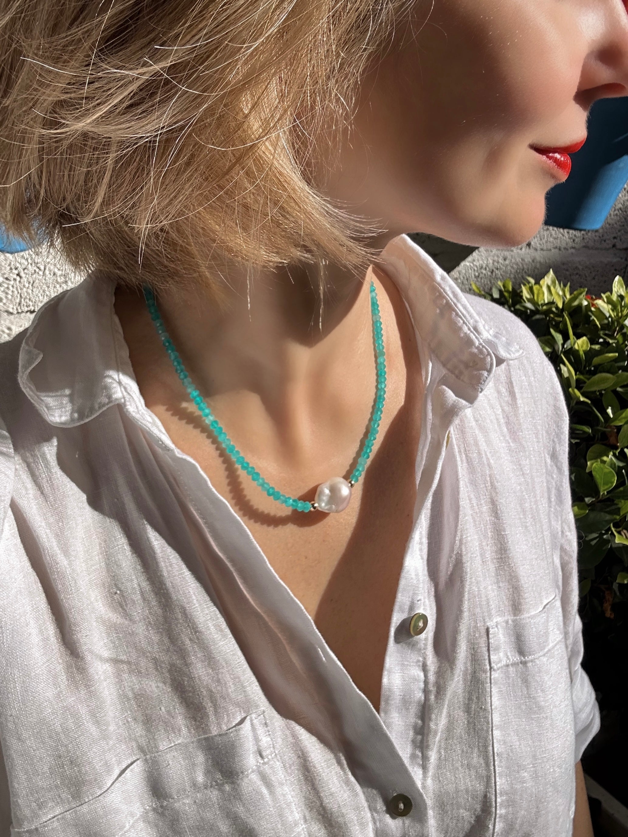 Amazonite From Peru And Baroque Pearl Necklace