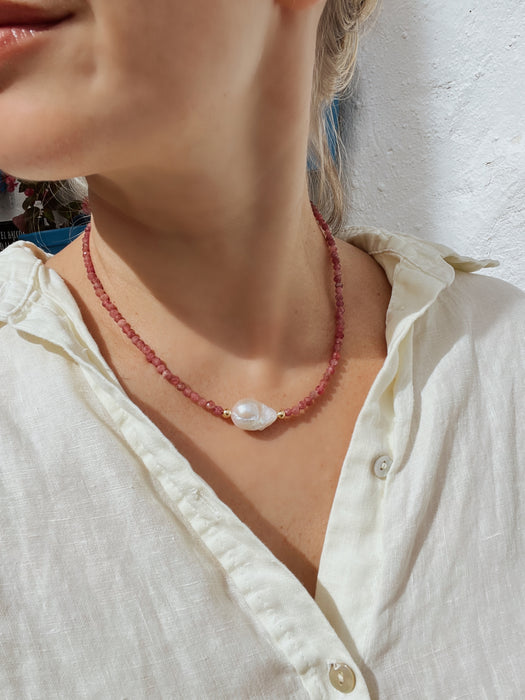 Pink Tourmaline And Baroque Pearl Necklace, October Birthstone Necklace