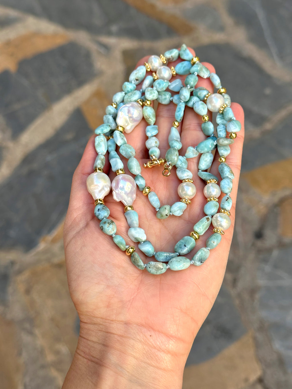 Long Larimar and Baroque Pearl necklace “La Romana”
