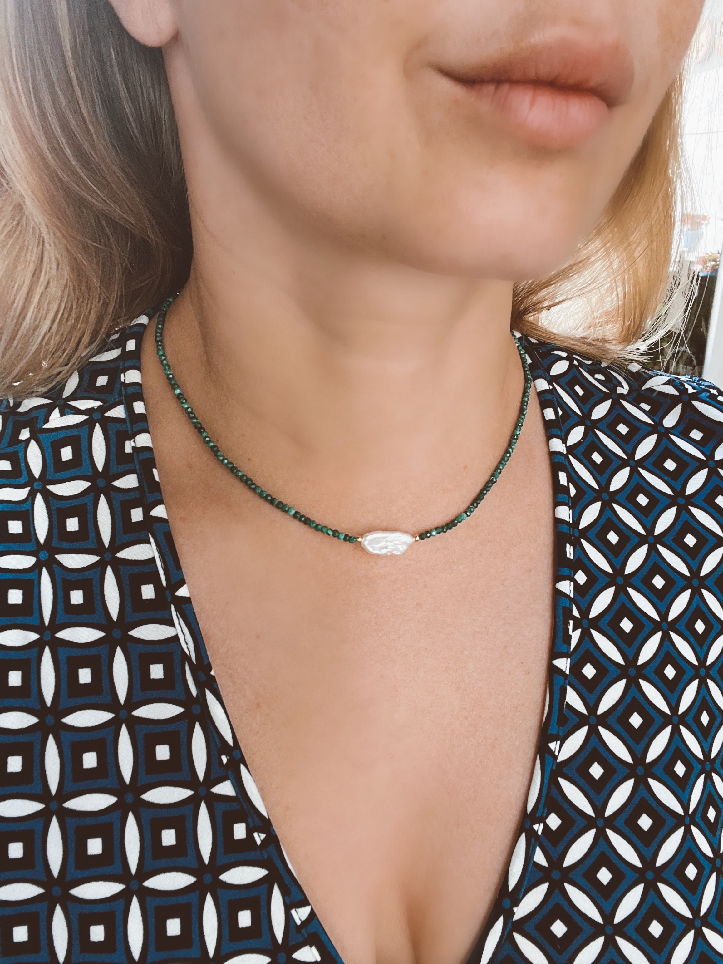 Malachite And Keshi Pearl Minimalist Necklace