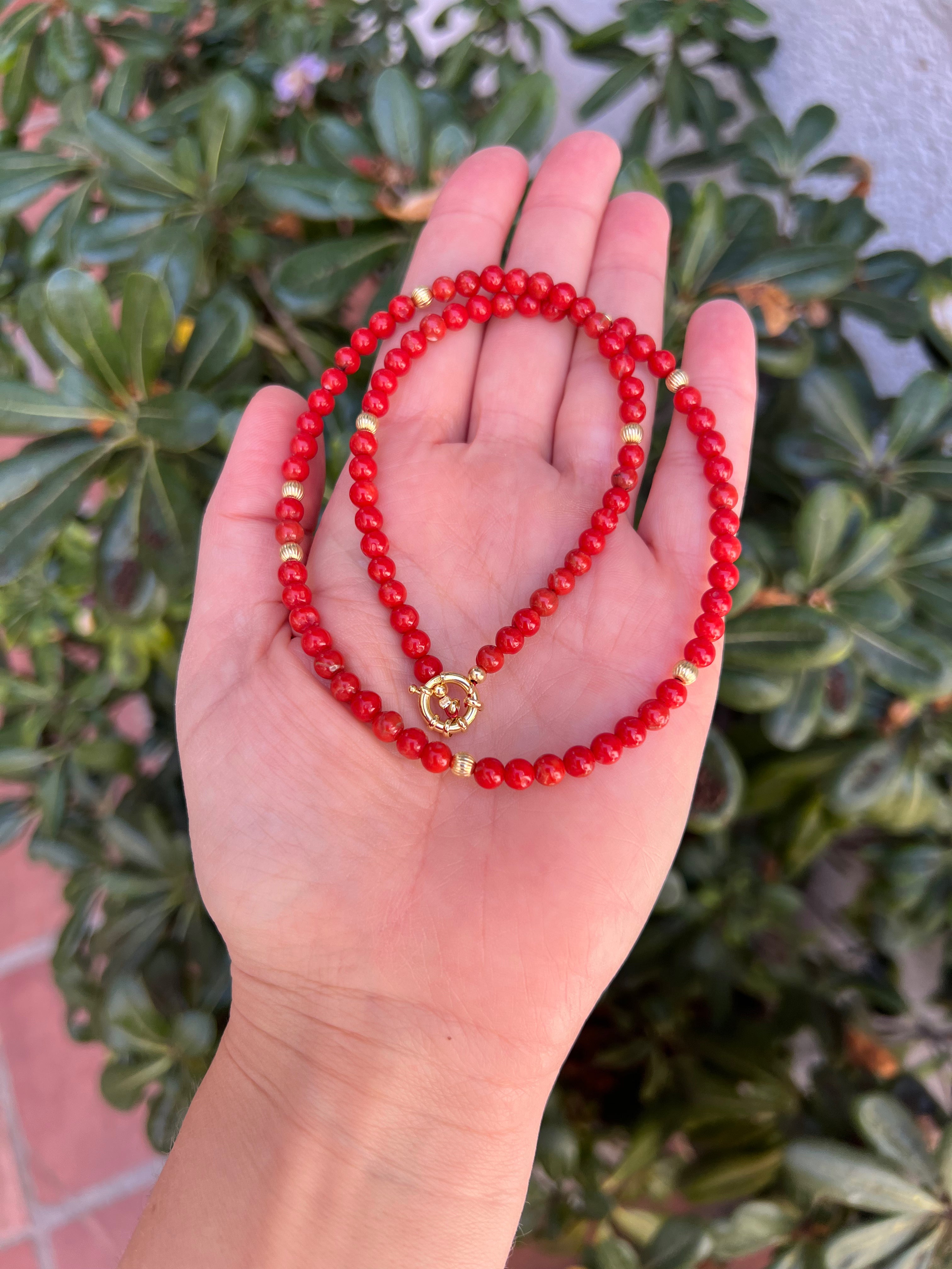 Red Mediterranean Coral Necklace in Solid 18k Gold
