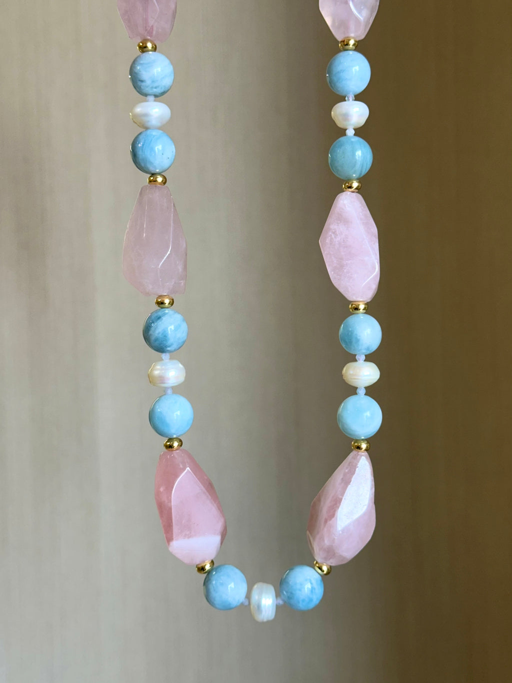 Chunky Rose Quartz, Aquamarine and Pearl Statement Necklace