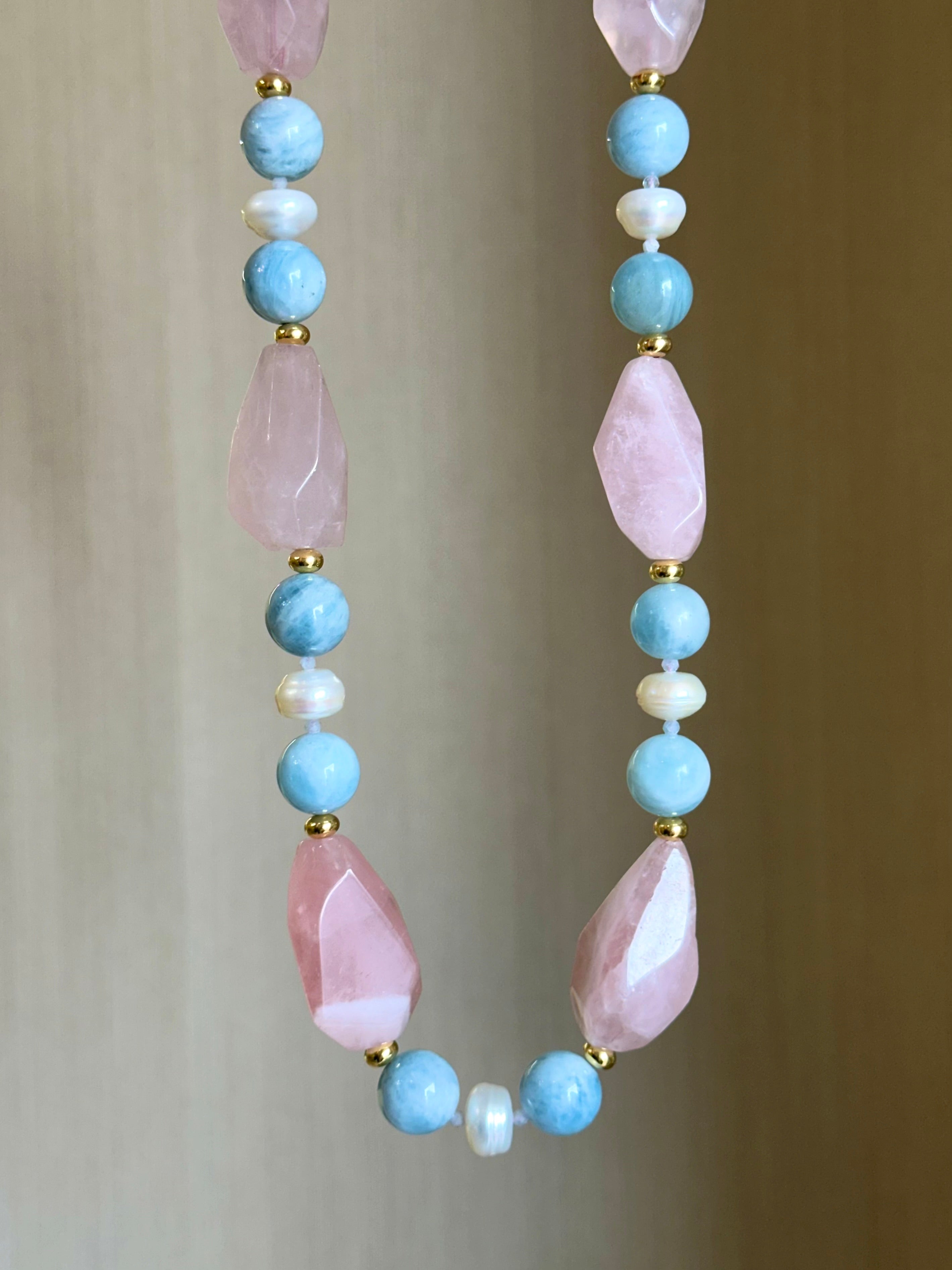 Chunky Rose Quartz, Aquamarine and Pearl Statement Necklace