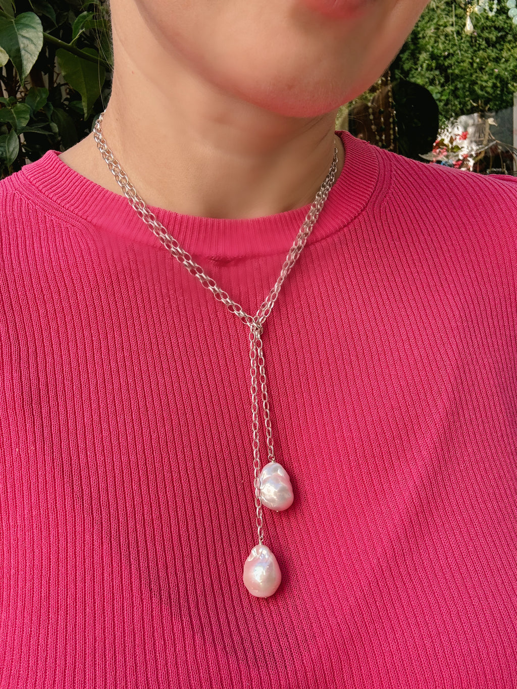 Lariat Silver Chain With Two Baroque Pearls