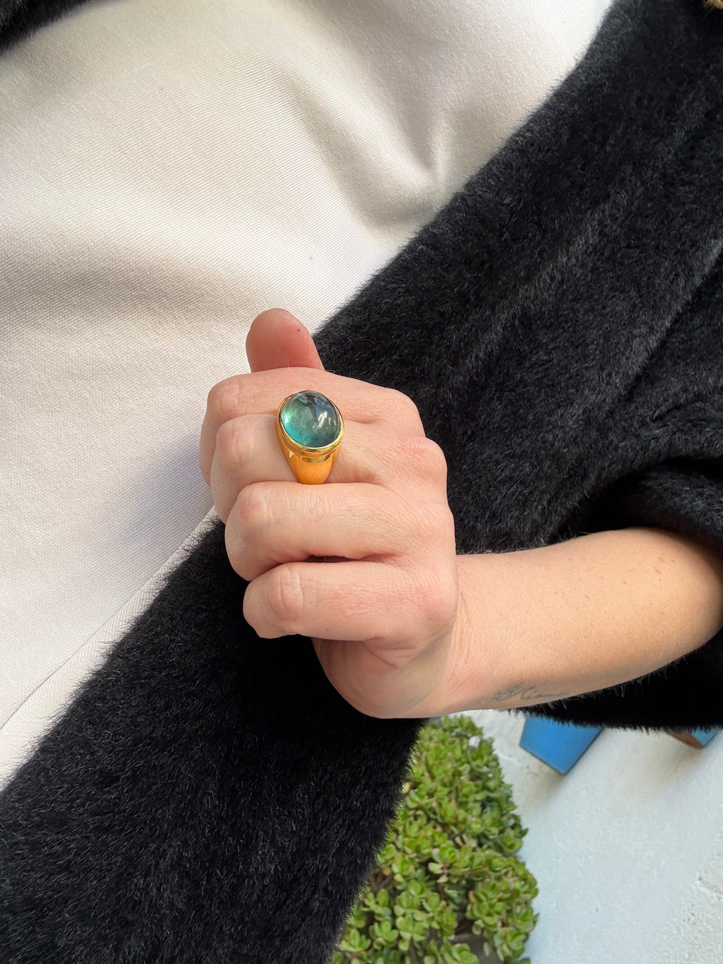 Teal Fluorite Cabochon Ring — Gold-Plated Sterling Silver