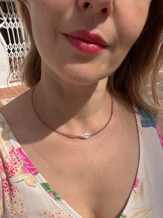 Pink Tourmaline and Keshi Pearl Necklace, October Birthstone Necklace