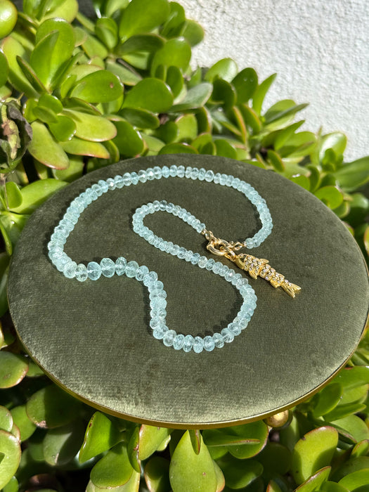 Aquamarine Beaded Necklace with Gold Plated Silver Fish Charm