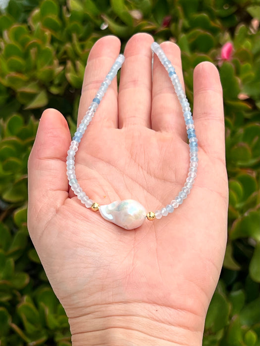 Aquamarine And Baroque Pearl Necklace, March Birthstone