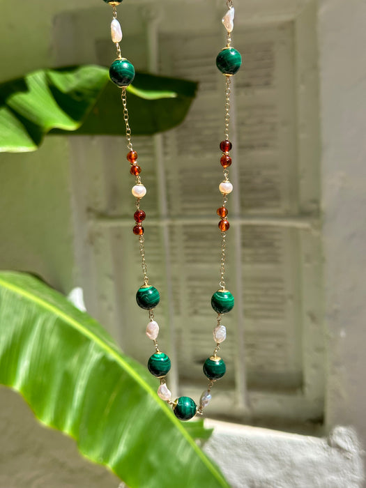 Long Malachite And Pearl Chain