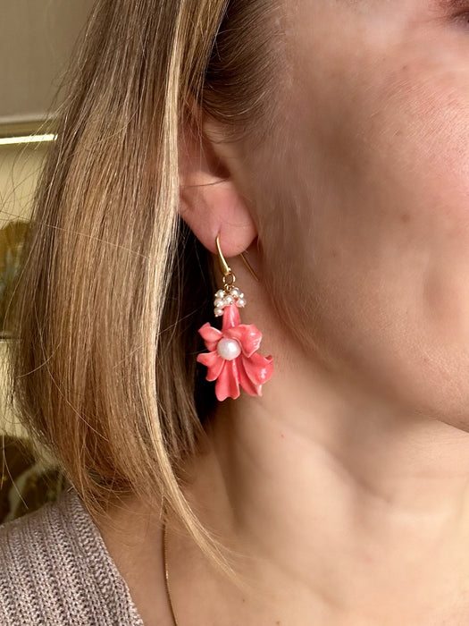 Carved shell flower and pearl earrings