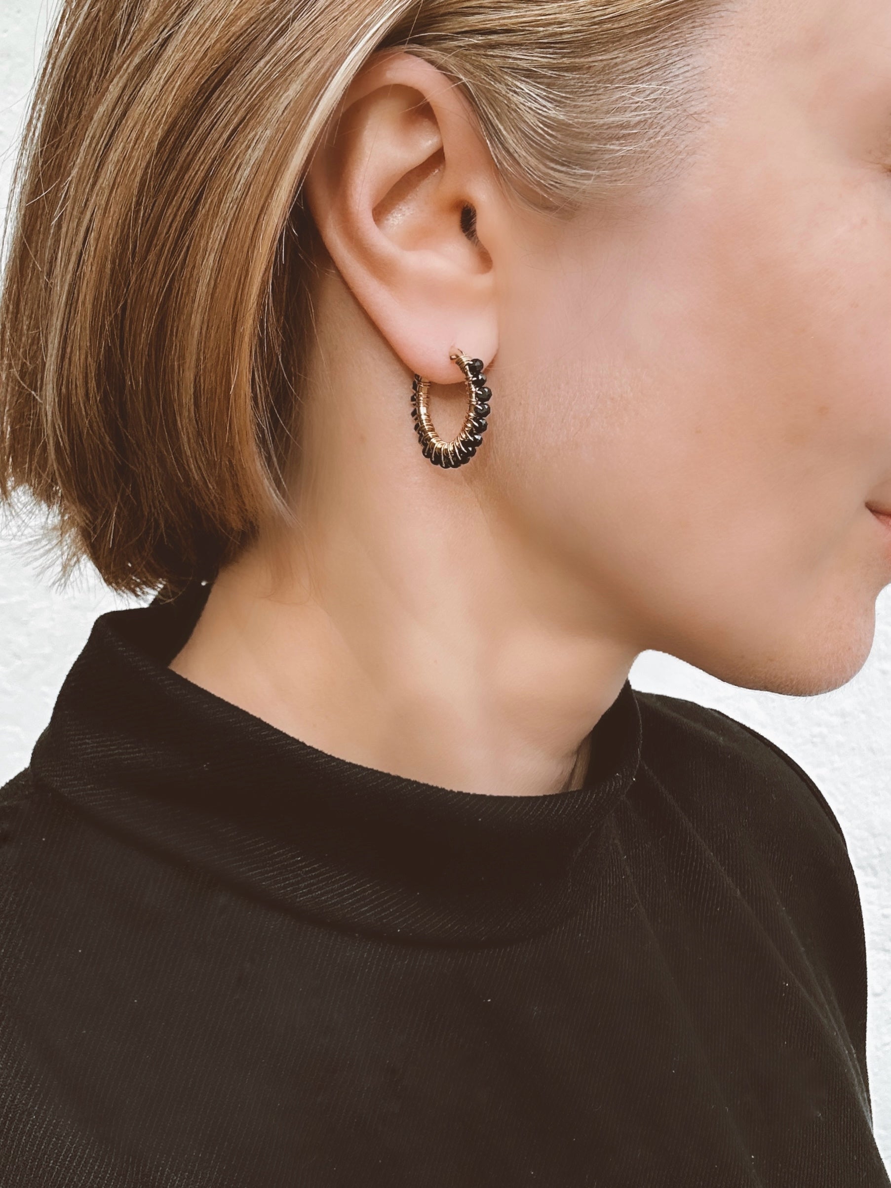 Black Spinel Hoop Earrings