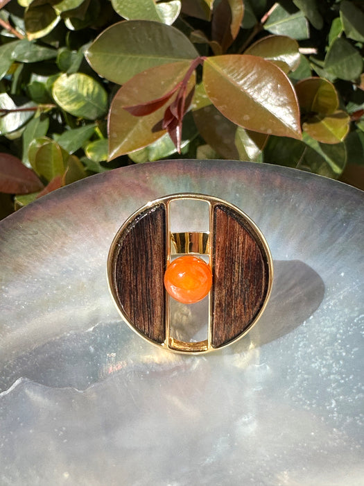 Geometric Ring With Wood And Red Agate
