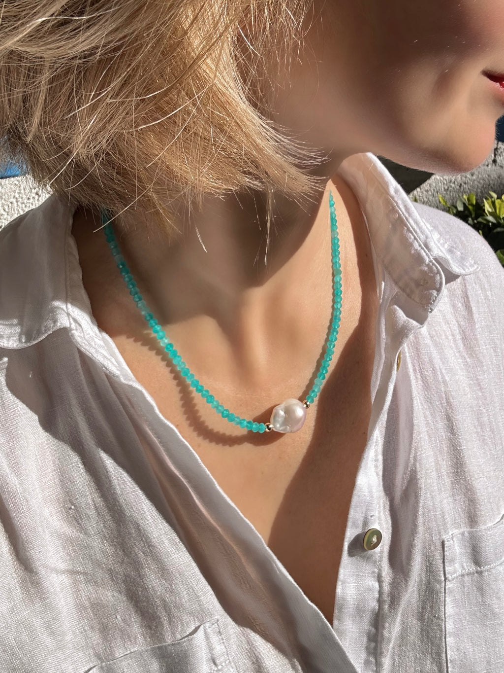 Amazonite From Peru And Baroque Pearl Necklace