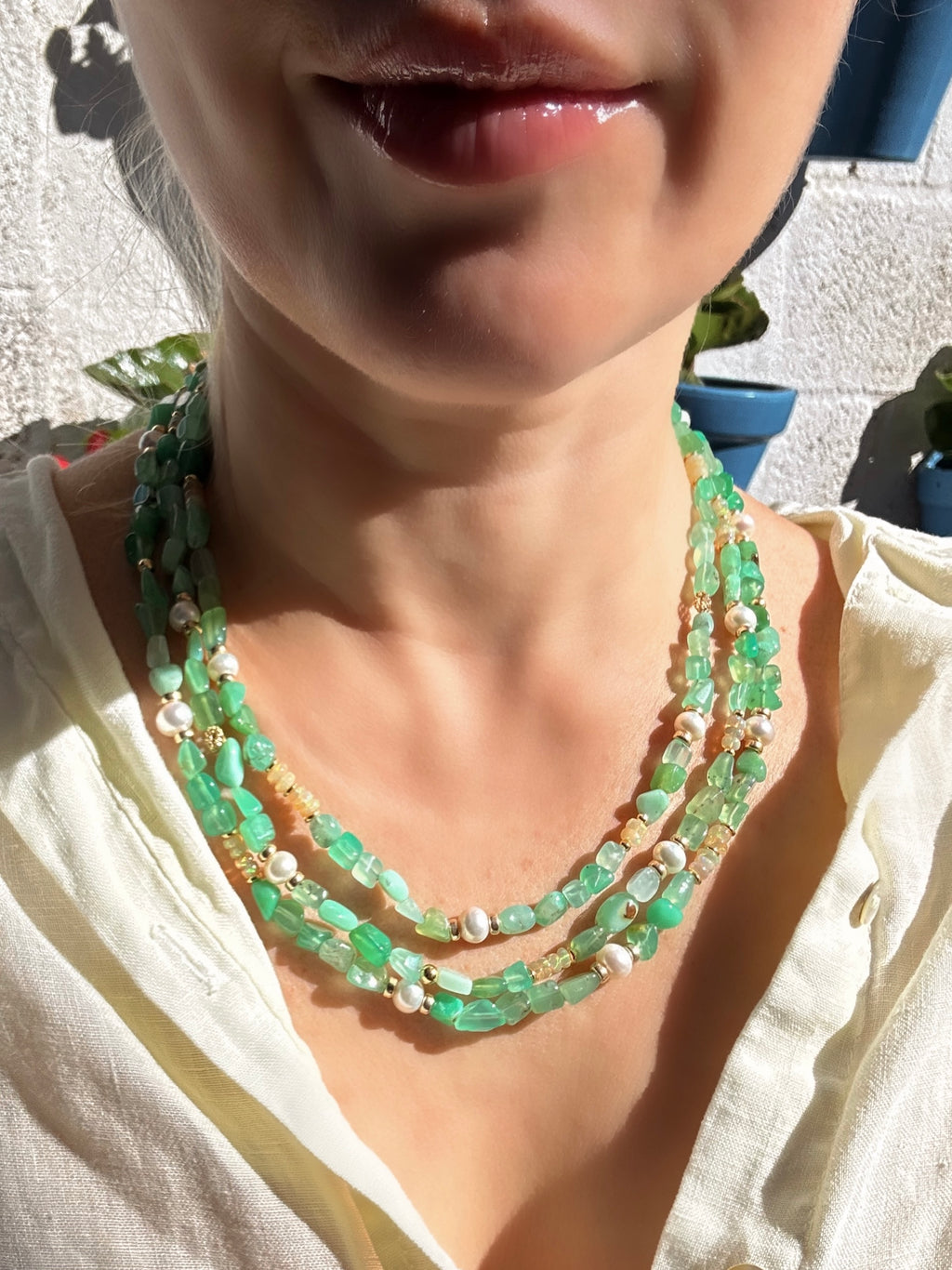 Chrysoprase, Ethiopian opal and Freshwater Pearl Layered Necklace