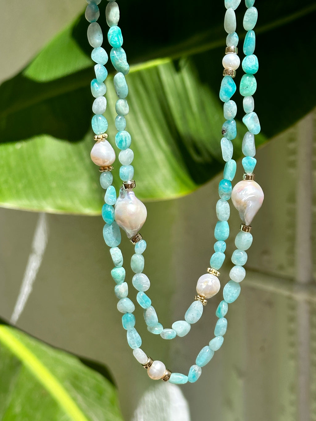 Long Amazonite And Pearl Beaded Necklace