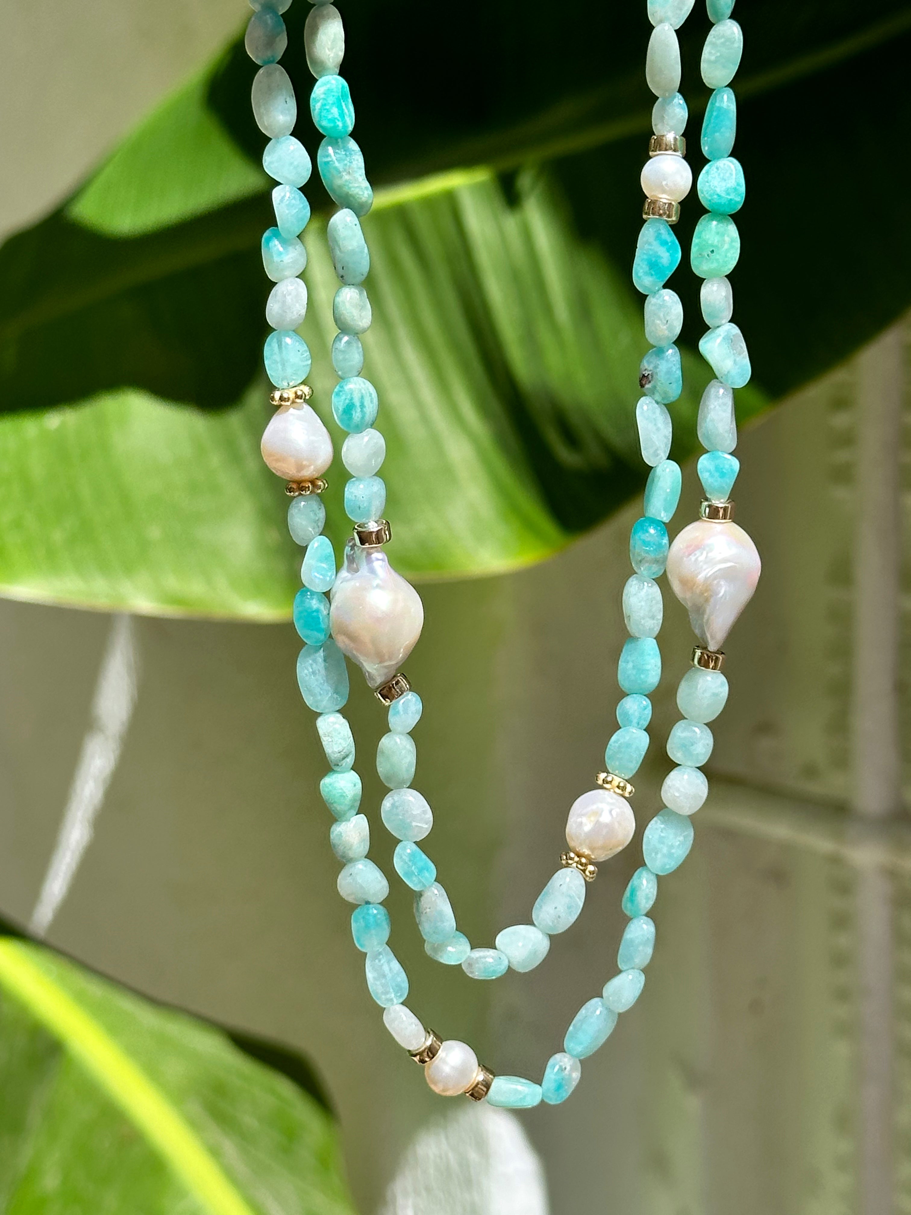 Long Amazonite And Pearl Beaded Necklace