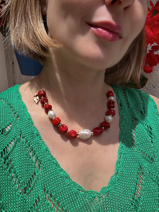 Red Coral And Pearl Statement Necklace