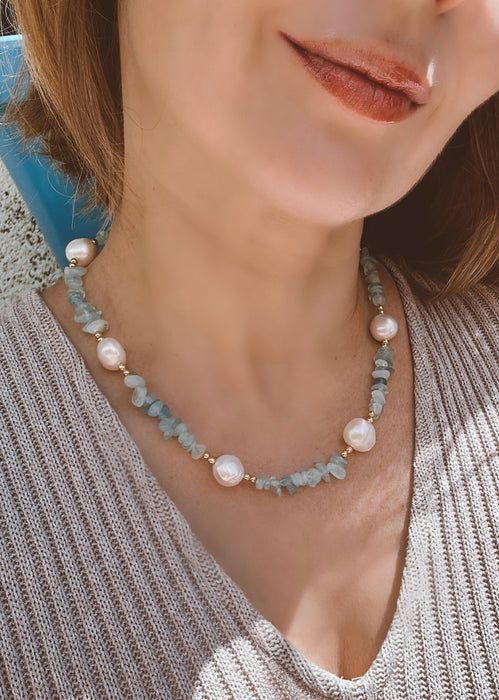 Aquamarine Chips And Pearl Necklace