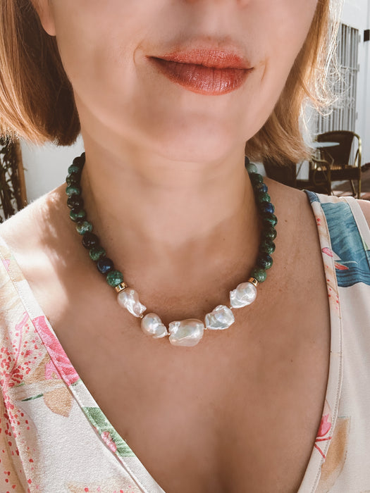 Azurite Malachite And Baroque Pearl Statement necklace, Chrysocola beaded necklace