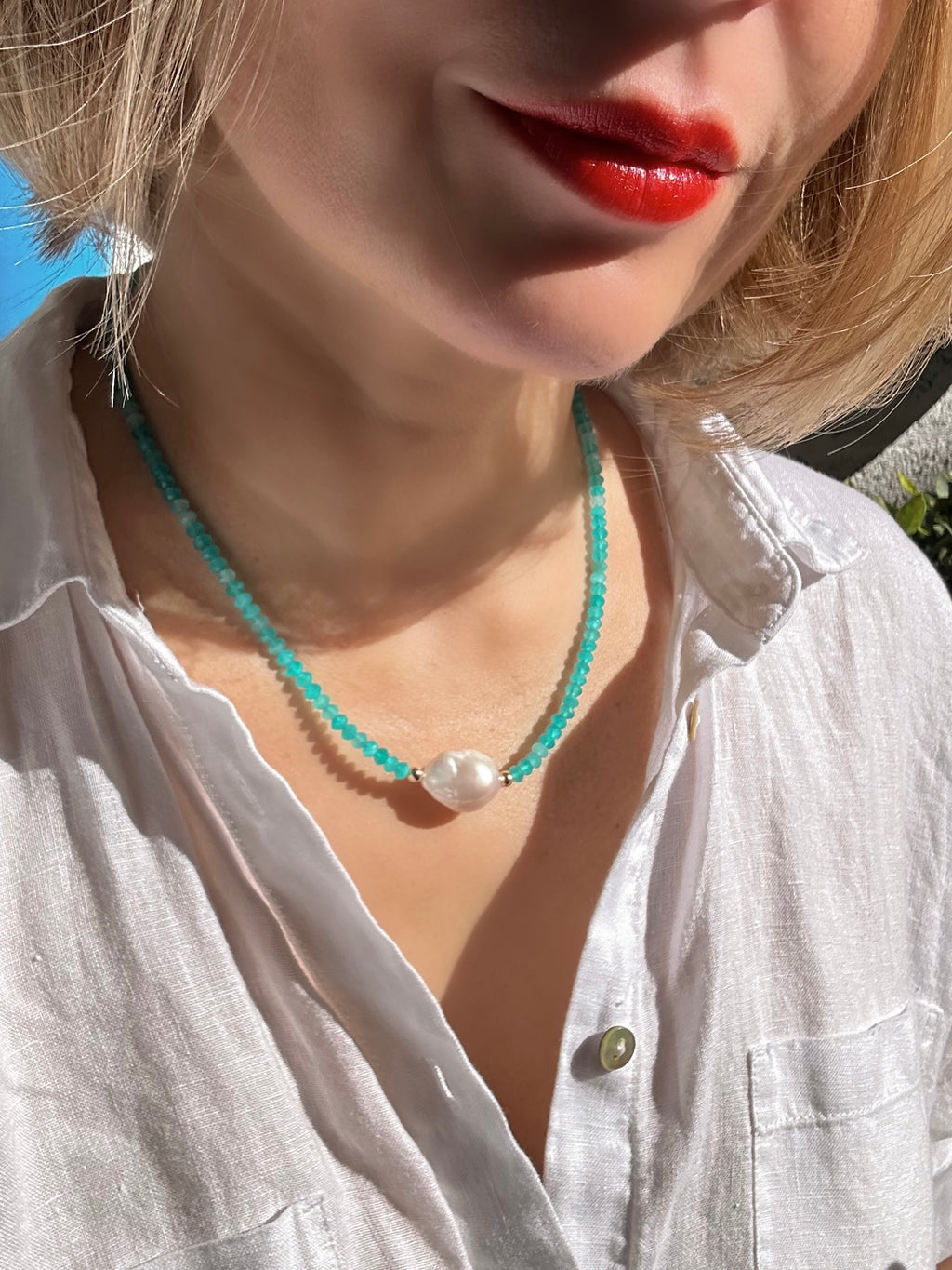 Amazonite From Peru And Baroque Pearl Necklace
